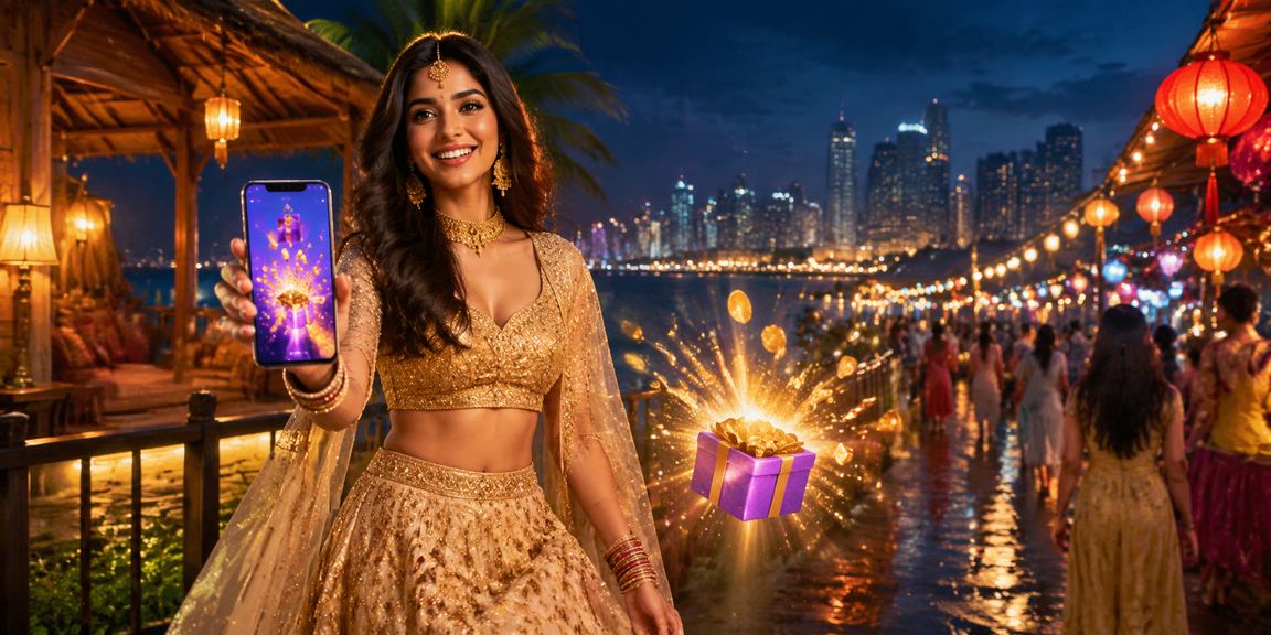 Kerala mobile payment user with Lehenga traditional outfit